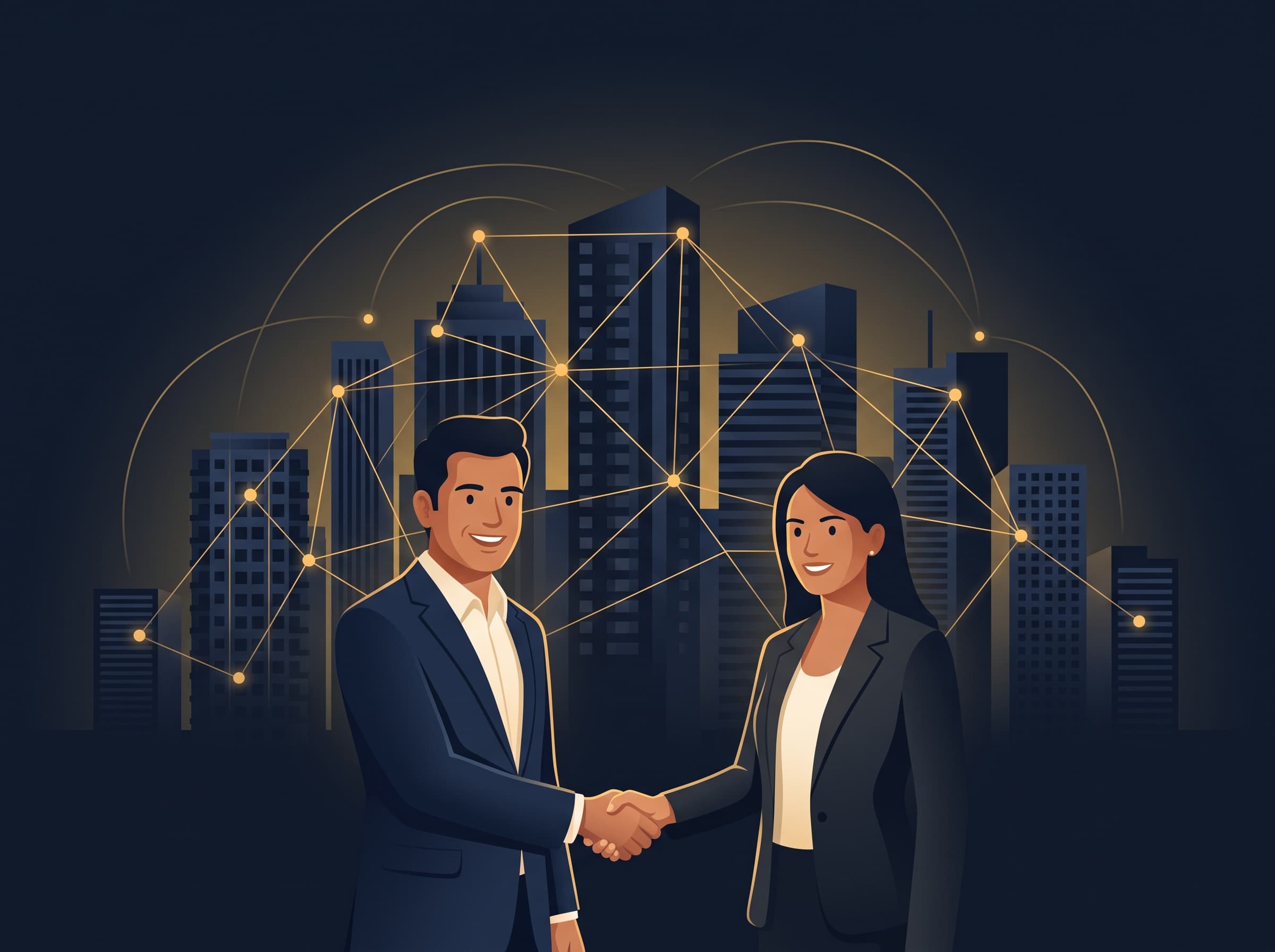 Two real estate brokers shaking hands in front of a city skyline linked by a glowing network